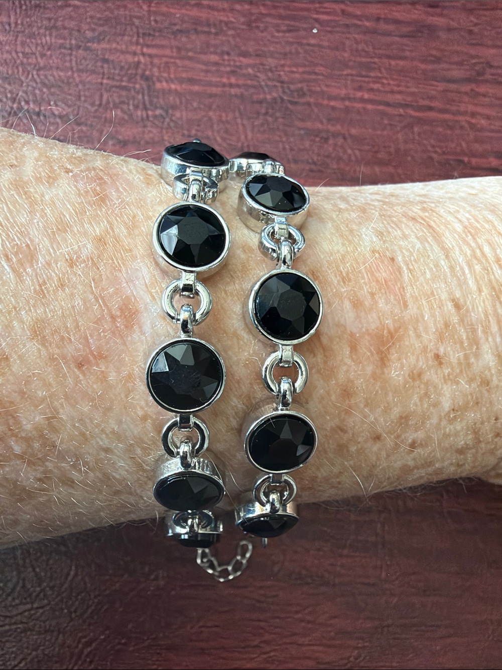 Black Faceted Stone Link Bracelet - Women's Jewelry - Set of 2